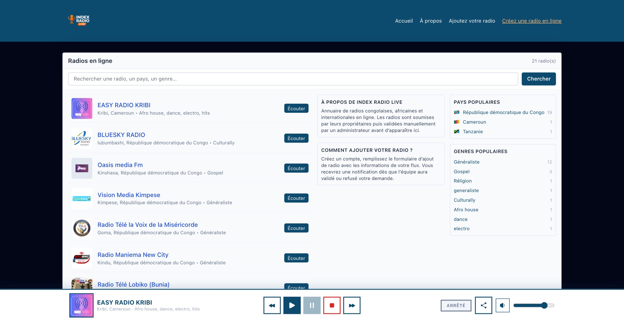 Aperçu : Index Radio Live — radios congolaises et africaines en ligne