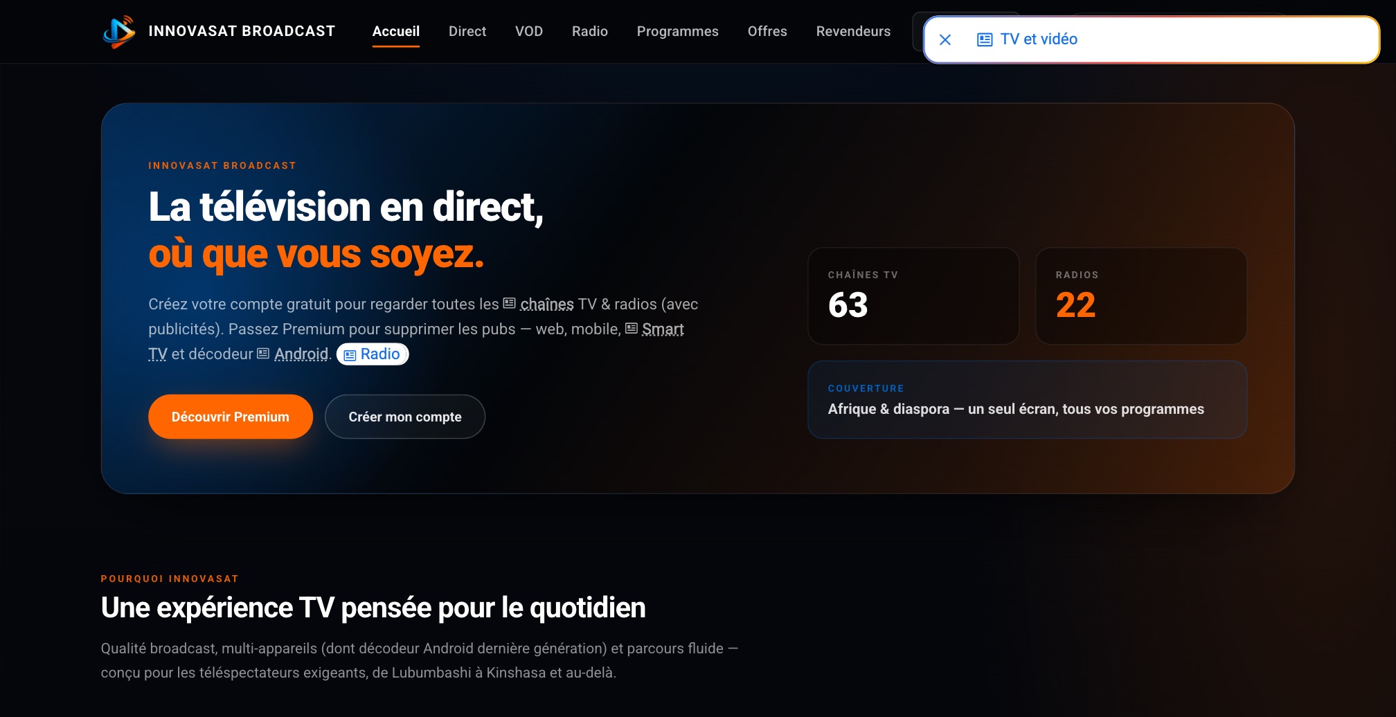 Aperçu : Innovasat OTT — télévision et radio en direct