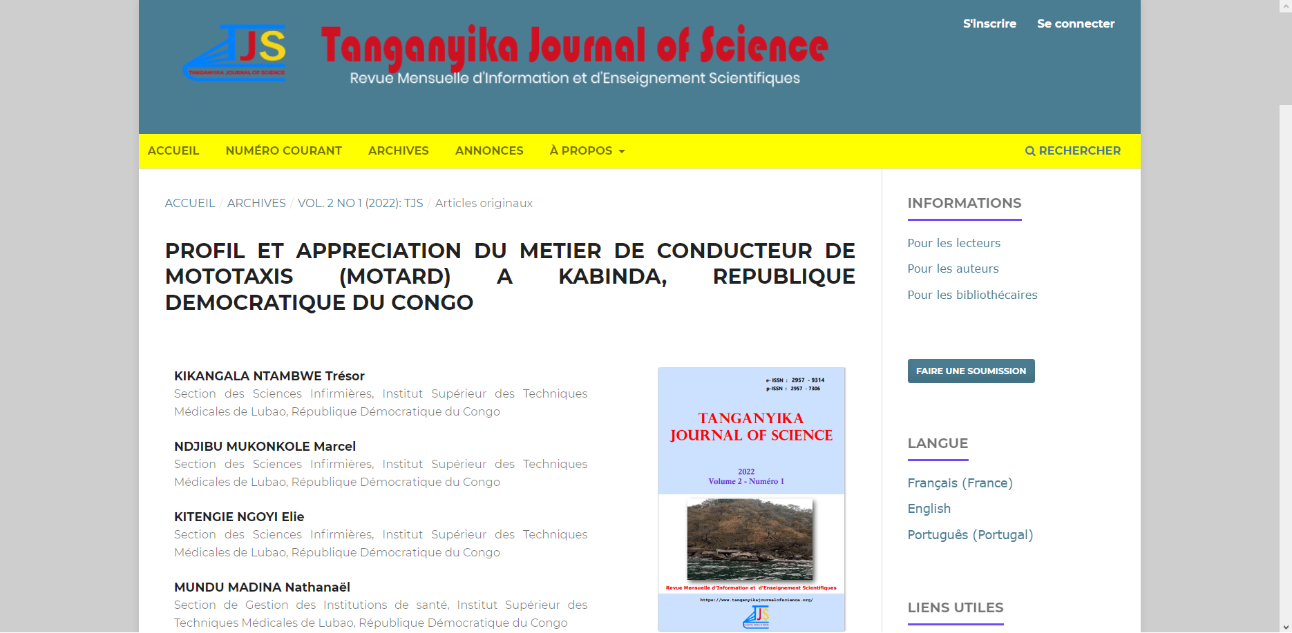 Conception du site de TANGANYIKA JOURNAL OF SCIENCE