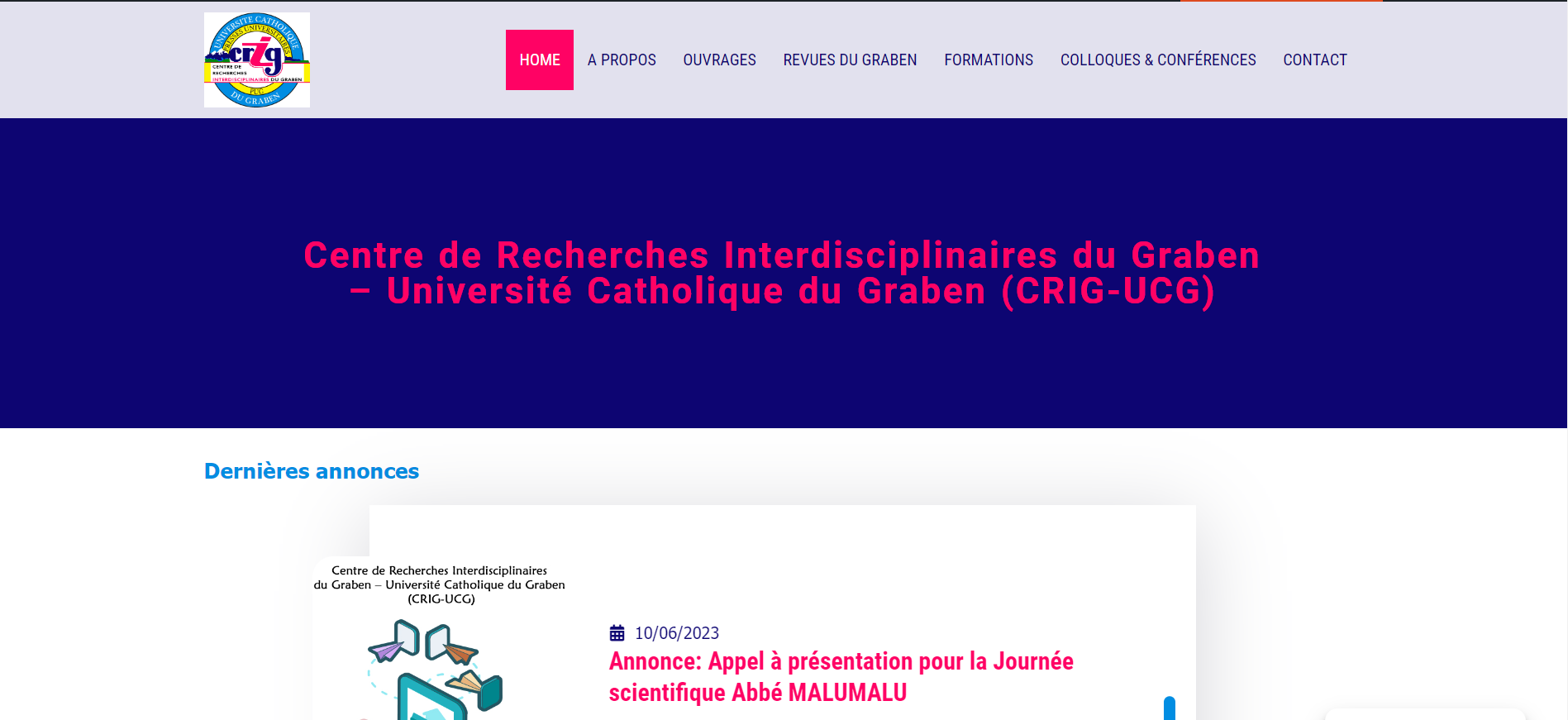 Conception du site internet du Centre de Recherches Interdisciplinaires du Graben – Université Catholique du Graben (CRIG-UCG)